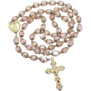 Catholic Pink Crystal Beads Gold Rosary Necklace with Heart Locket & Cross